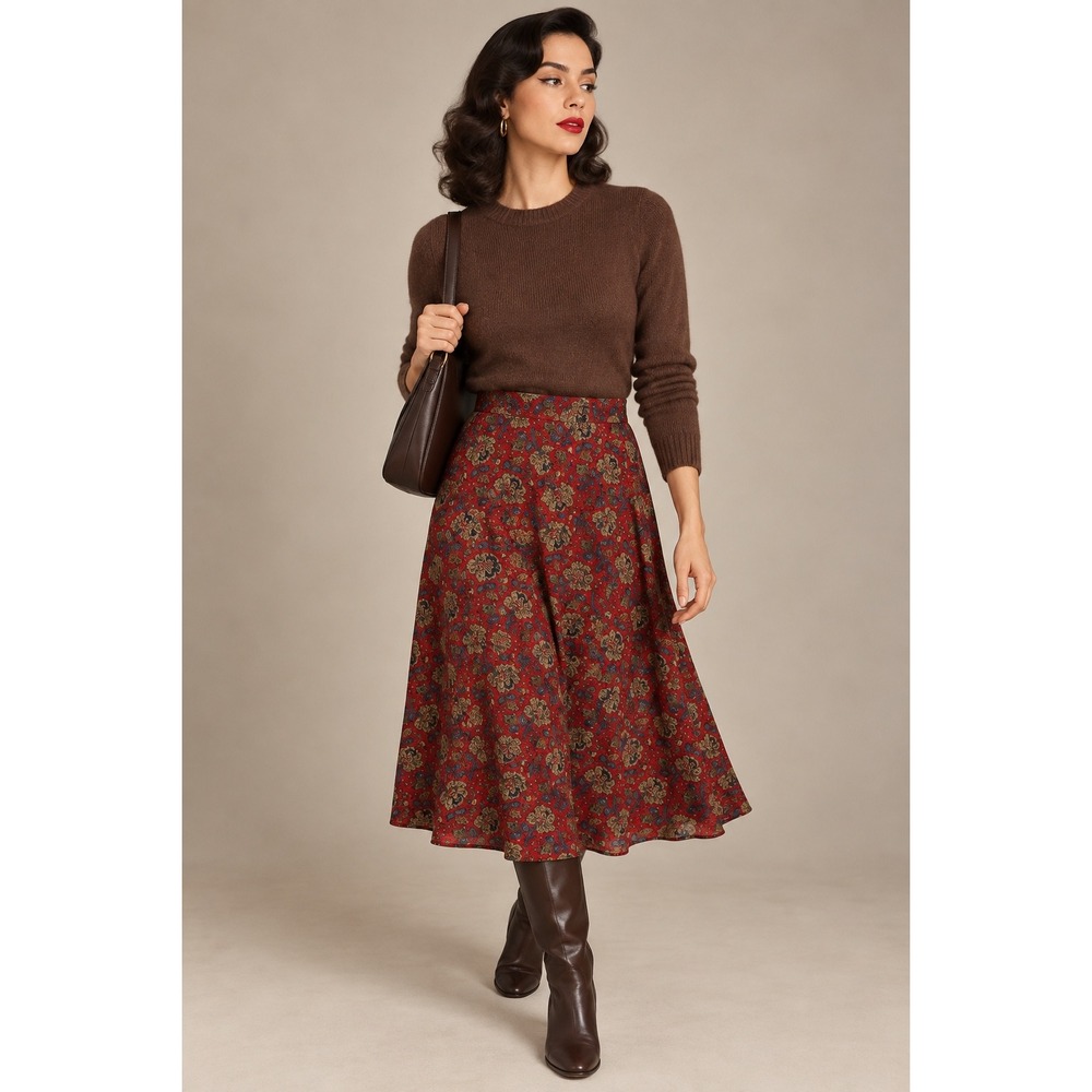 VTG Lizsport Red Floral Print Midi Skirt Size‎ 12
